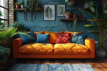 A vibrant and inviting modern living room with an orange sofa, decorative pillows, and lush indoor plants creating a cozy atmosphere