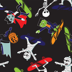 Cartoon Zombie, mummy, skeleton and pumpkin skateboarding. Halloween Seamless pattern. Vector illustration.
