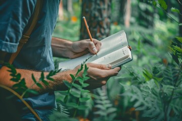 guy doing  journaling practice in nature, writing down his thoughts
