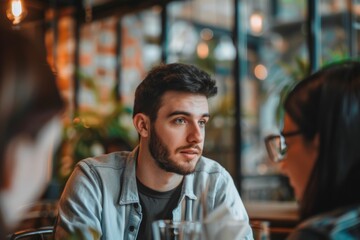 Fototapeta premium young attractive guy talking to his friends at cafe or coworking