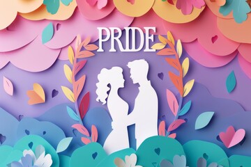 Naklejka premium Stylized profiles of two women in a vibrant layered paper cut design with rainbow hues and floating clouds expressing love and pride in an artistic setting