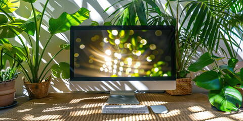 The Steamy Summer Breeze of Data. A computer monitor displaying a breezy, summery scene, casting a playful pattern on a wicker desk, surrounded by tropical plants