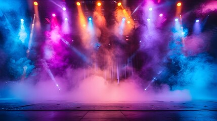 Fototapeta premium A stage with colorful lights and smoke in the background. The stage had colorful lights and smoke behind it, in the style of various artists.