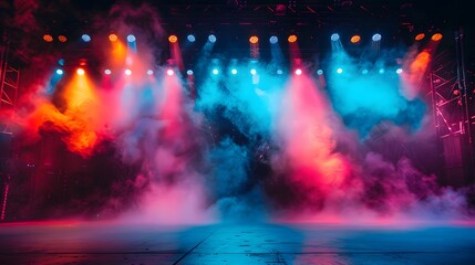 A stage with colorful lights and smoke in the background. The stage had colorful lights and smoke behind it, in the style of various artists.