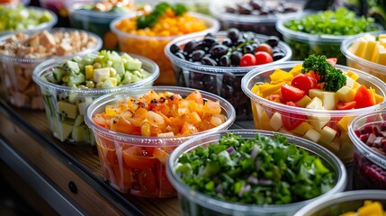 A table full of colorful and healthy food in plastic containers, including salad with tomatoes, lettuce, cheese, fruits like apples or oranges, beige yellowish cream, chocolate pieces, on social media