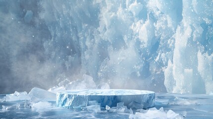 Podium crystal ice cold cool fresh iceberg white. ocean blue sky or polar glacier stand product display advertisement landscape winter season pedestal cosmetic skin care snow freeze. 3D illustration.