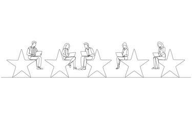 Continuous one line drawing of business people sitting and working on 5 stars, team working with quality concept, single line art.
