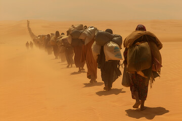 Refugees Walking Through Desert with Belongings