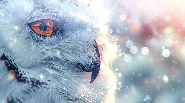 white owl  Christmas. Background in white snow with landscape home Christmas red and yellow tones. seamless looping time-lapse virtual 4k video animation