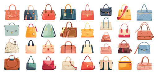 Flat Womens Handbags Designs Set. Various Types of Stylish Bags. Simple Vector Illustrations on White Background. Fashion Accessories, Trendy Purses, Modern Design, Female Accessories, Elegant