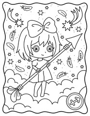 Kawaii girl, sagittarius zodiac sign, zodiac sign, cute girl with an arrow. Cute characters. Coloring page, page, book, black and white vector illustration.