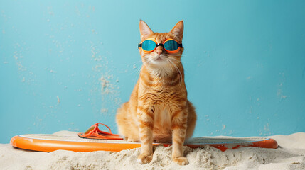 a cat on the beach on a sapboard wearing swimming goggles