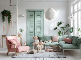 Modern living room interior with pastel furniture