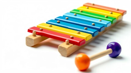 Isolated image of a colorful toy xylophone for kids, with bright keys and a mallet, set against a white background, perfect for early music education and fun