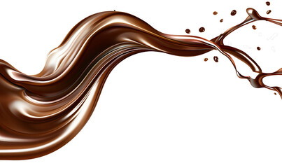 Chocolate milk sauce splash or syrup flowing pour wave with spatter drops isolated on transparency background, PNG cut out, creative, flowing wave explode, luxury, liquid fluid, beautiful.