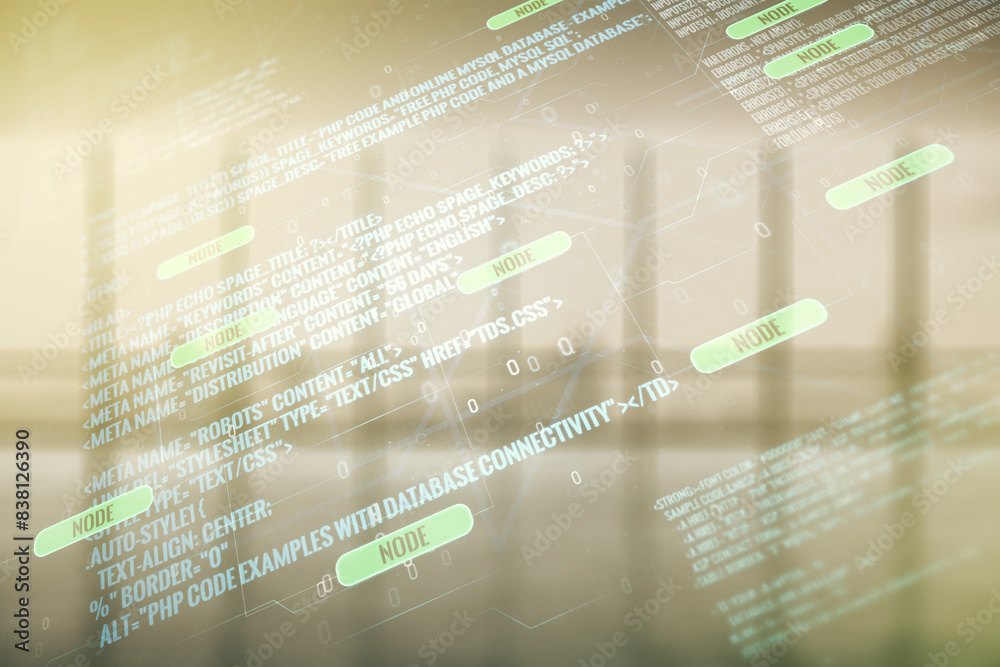 Poster abstract virtual coding illustration on modern interior background, software development concept. mu