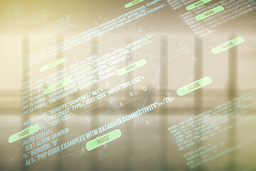 Abstract virtual coding illustration on modern interior background, software development concept. Multiexposure