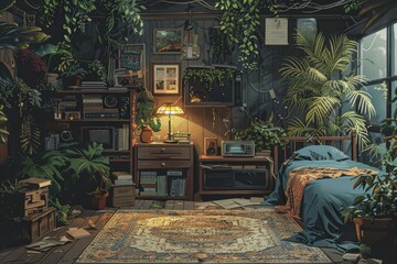 Obraz premium This intricately detailed image shows a cozy, plant-filled room with retro electronic equipment and a warm ambiance