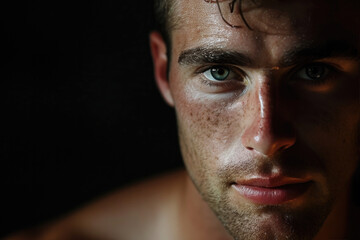 Obraz premium A close-up shot of a sweaty male athlete's face with intense eyes, highlighting determination
