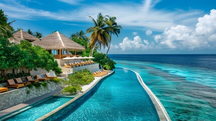 Fototapeta premium An aerial view of the resort's infinity pool overlooking an idyllic beach, surrounded by lush palm trees and turquoise waters in Maldives. The serene beauty of the vacation paradise.