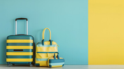 A brightly colored image showing a set of yellow and blue travel luggage against a two-tone wall, symbolizing adventure and travel