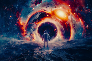 Fototapeta premium An astronaut stands on a rugged terrain, facing a colorful wormhole, signifying adventure and the unknown in the universe
