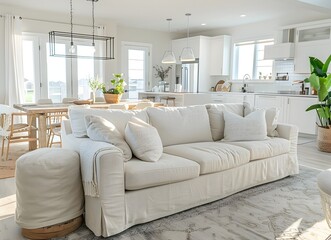 Fototapeta premium Modern living room with a cream sofa and white chairs in a new home interior design