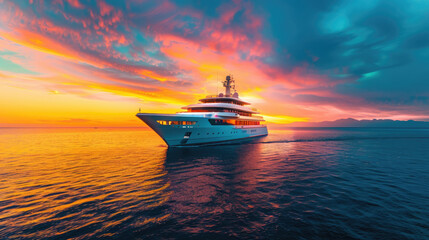 Naklejka premium A luxury yacht is highlighted by the warm golden hour light with picturesque cloudscape and sea