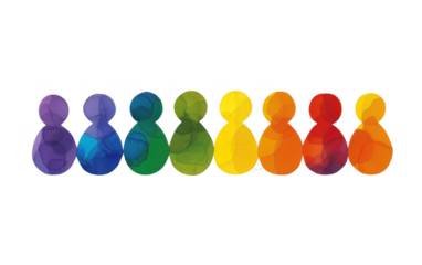 A row of colorful figures are painted on a white background