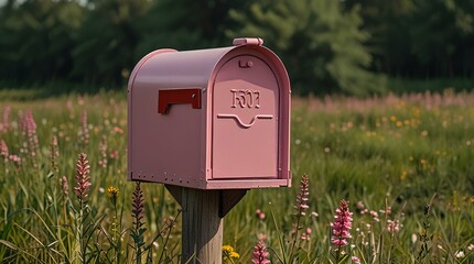 Closeup pink mailbox in the nature around flowers and field.