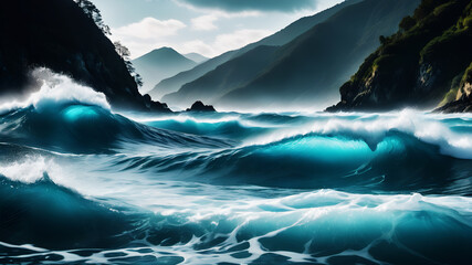 Fototapeta premium Design an abstract background that mimics the swirling patterns of ocean currents. Use various shades of blue and turquoise, with white highlights to represent foam and movement