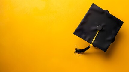 Black graduation cap on yellow background with space for copy, top view. High quality photo. Concept of education and celebrating a student's success. 