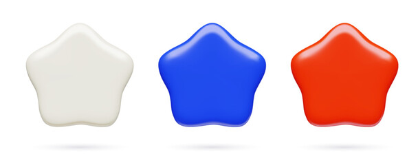 Minimal 3D star shape icons. Blue, white and red three dimensional vector design elements set.