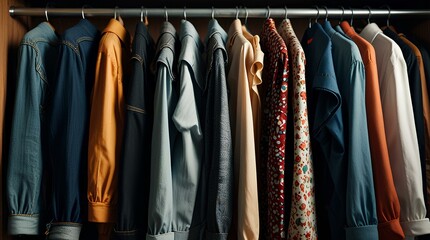 Closeup view of open closet clothes and other accessories.