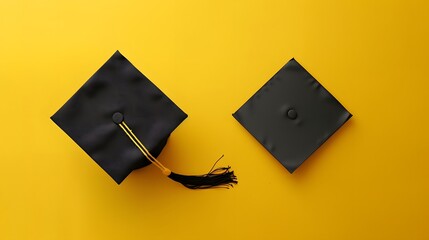 Black graduation cap on yellow background with space for copy, top view. High quality photo. Concept of education and celebrating a student's success. 