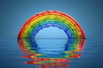 Floating rainbow circle above water against a blue background symbolizing pride and serenity with vibrant hues and reflective imagery