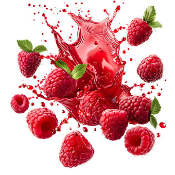 Delicious Raspberries juice splash Isolated on transparent background, fruits liquid splash, cut out