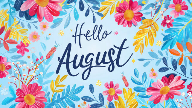 Illustration creative background With logo Hello August and pattern f colourful flowers and plant leaves on pastel blue backdrop.