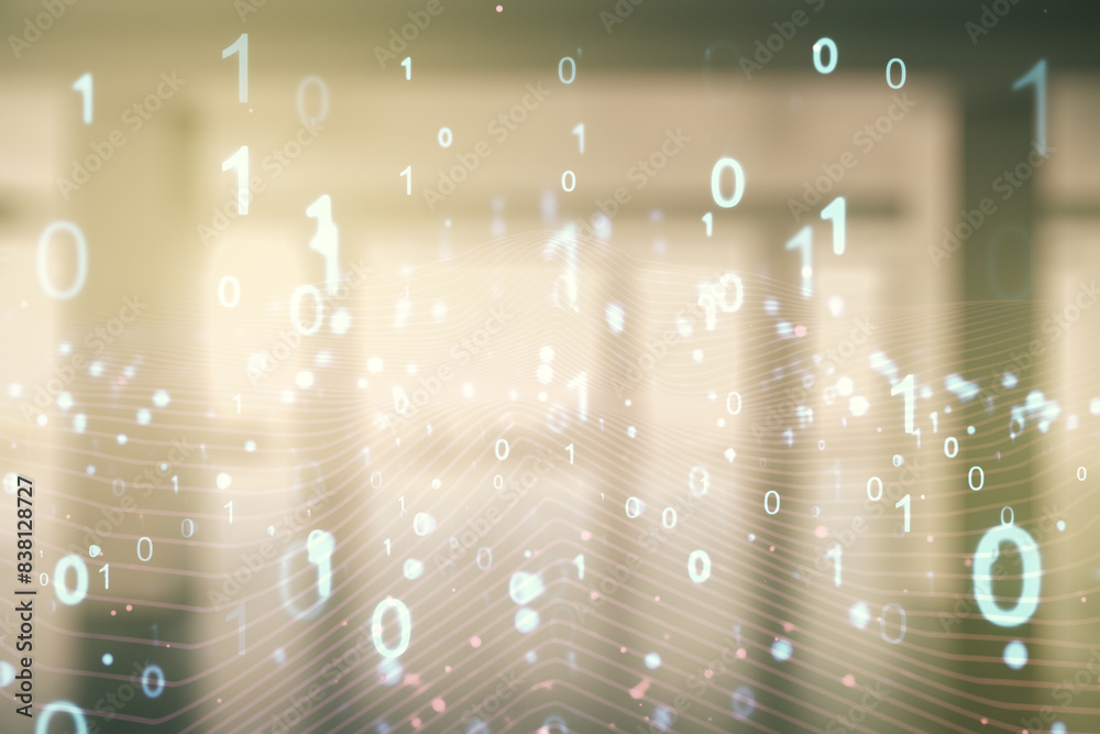 Aufkleber Abstract virtual binary code illustration on empty corporate office background. Big data and coding concept. Multiexposure
