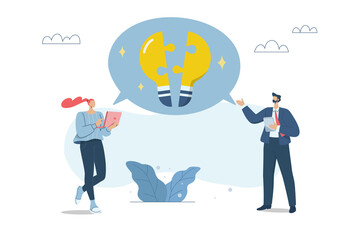 Collaborative idea generation to solve problems, Creative brainstorming, Assembling great business ideas, Business team putting together a jigsaw puzzle of ideas, PNG image with transparent.