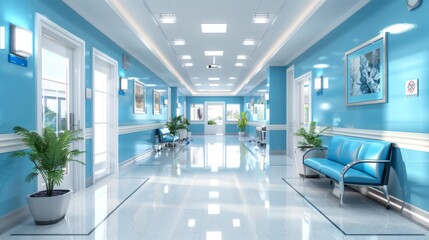 Fototapeta premium A Long Blue Hallway in a Modern Hospital or Medical Clinic, With White Tiles, a Bench, and Plants, Reflecting Light From Windows