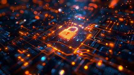 Fototapeta premium Digital background featuring an illuminated padlock icon surrounded by glowing data streams, protection of digital information in cyber security and network connection technology.