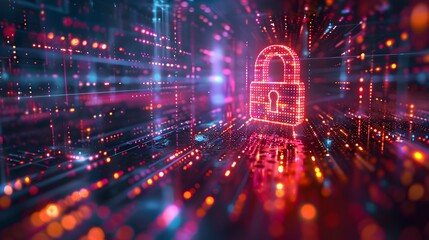 Digital background featuring an illuminated padlock icon surrounded by glowing data streams, protection of digital information in cyber security and network connection technology.