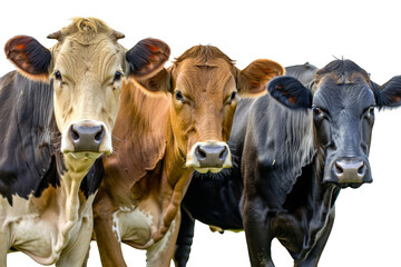 Three cows standing next to each other, one is brown, one is black