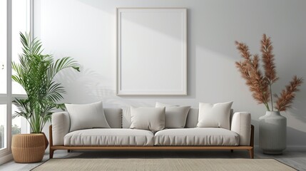 Minimalist Living Room Interior with White Sofa, Empty Frame, and Pampas Grass in a Vase, Natural Light Streaming In