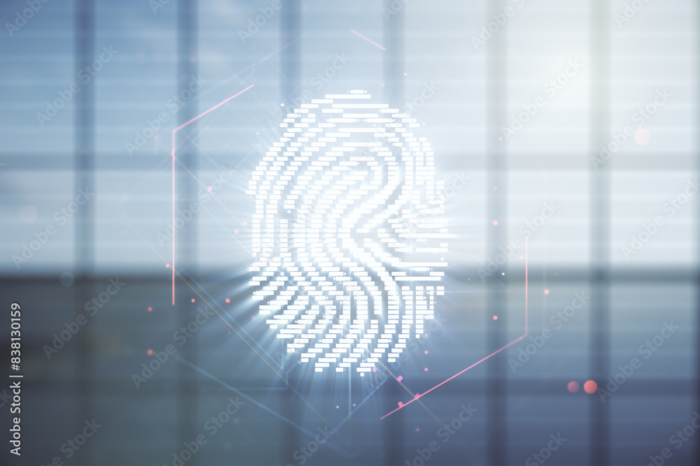 Poster double exposure of virtual creative fingerprint hologram on empty modern office background, research