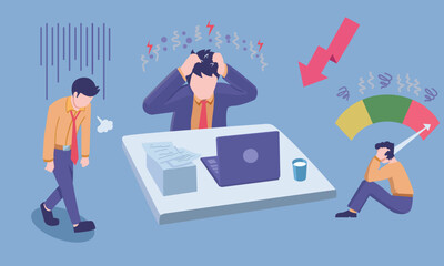businessman walk sad, employee tired and stress, vector illustration