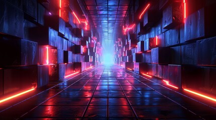 Naklejka premium Neon Glowing Lights in a Dark Futuristic Tunnel with a Wet Floor and a Wall of Cubes