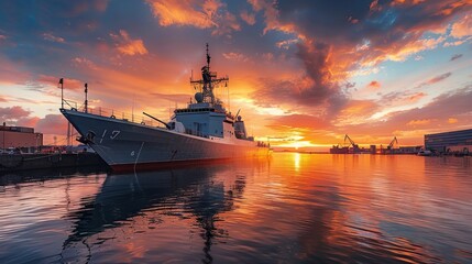 Fototapeta premium Military Ship Reflecting on Calm Water at Sunset