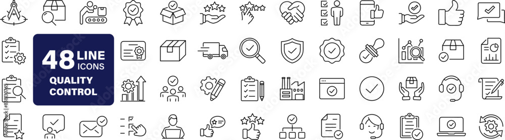 Leinwandbilder Quality control set of web icons in line style. Quality Check computing icons for web and mobile app. Containing inspection, evaluation, production, quality assurance, certificate, testing and more
